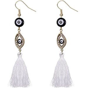 White Evil Eye Beaded Tassel Drop Earrings